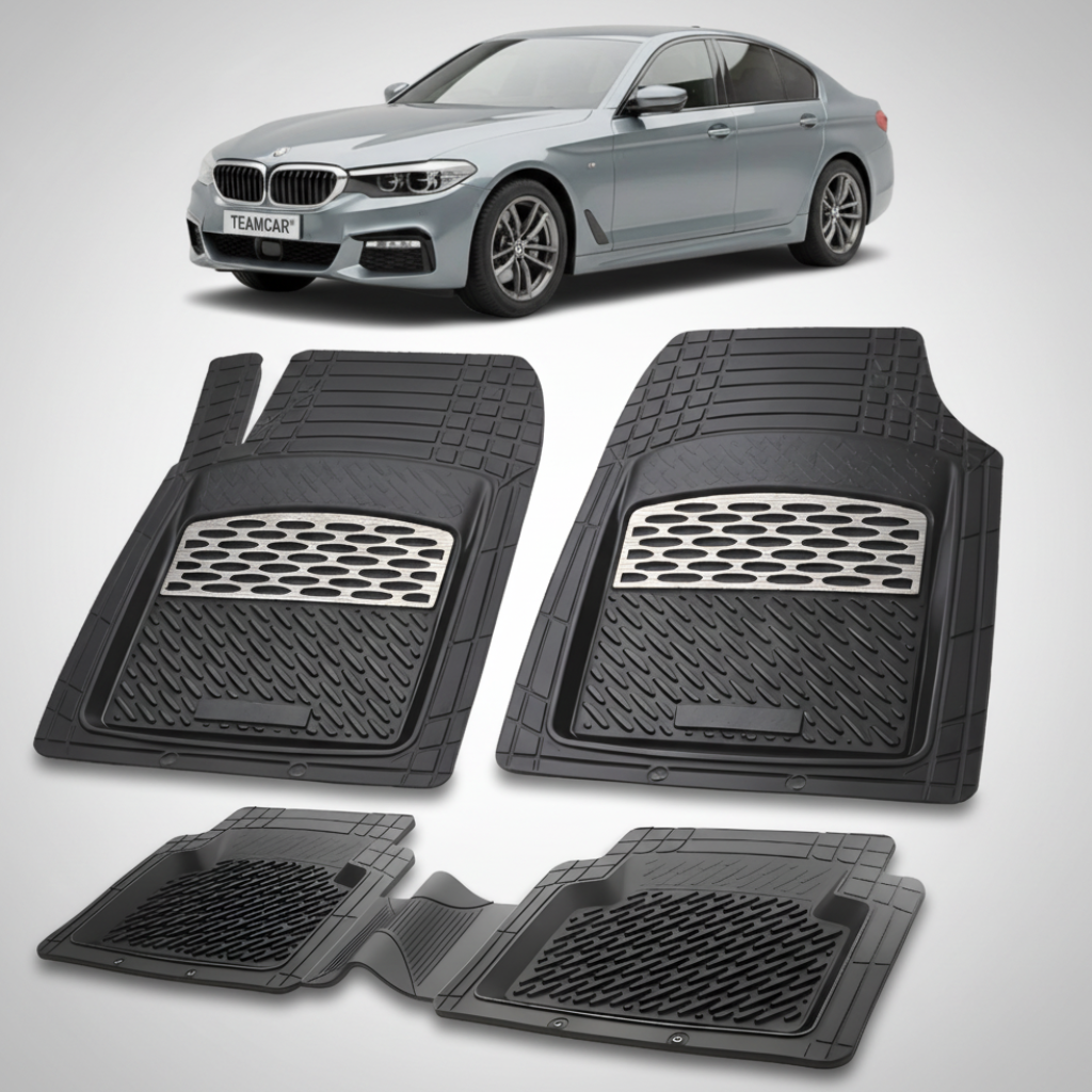 Set of black car floor mats with a BMW car in the background
