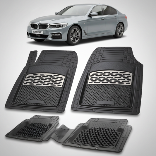 Set of black car floor mats with a BMW car in the background