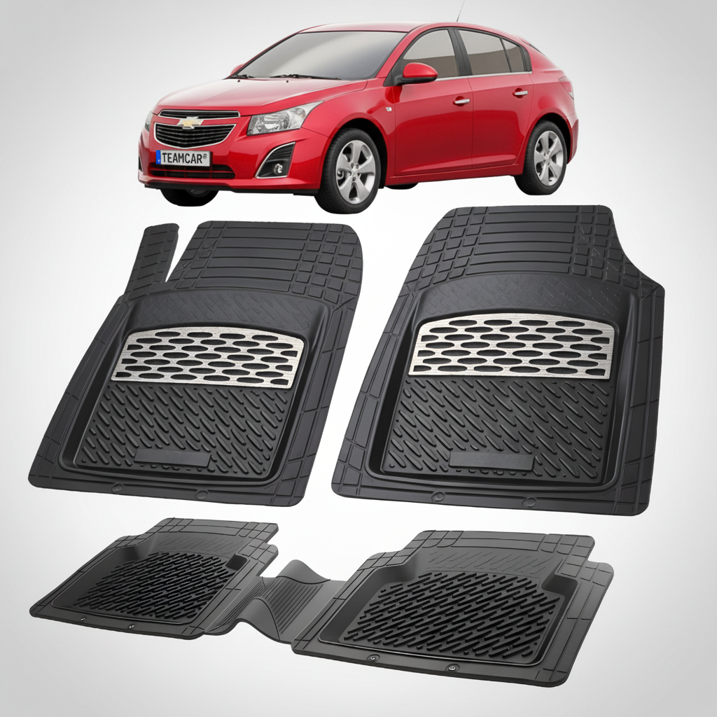 Set of black car floor mats with a red Chevrolet car in the background