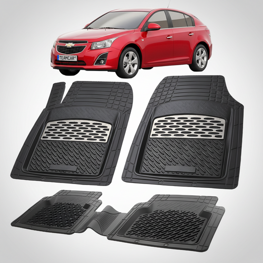 Set of black car floor mats with a red Chevrolet car in the background