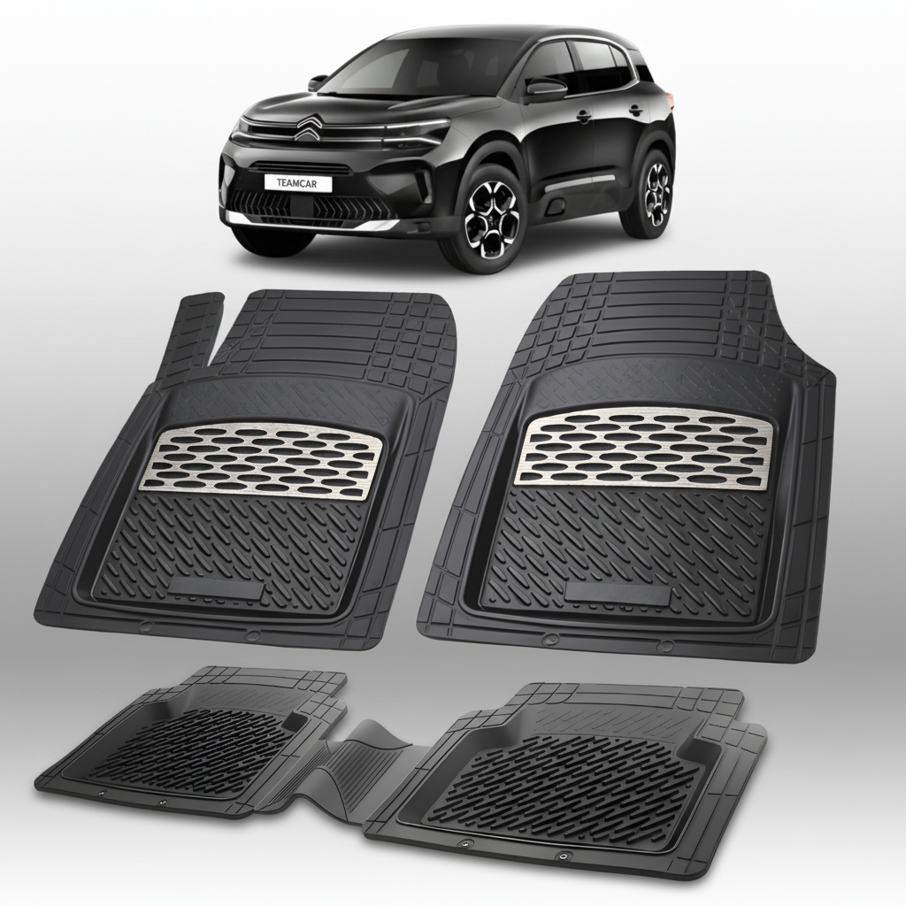 Set of black car floor mats with a Citroen car in the background