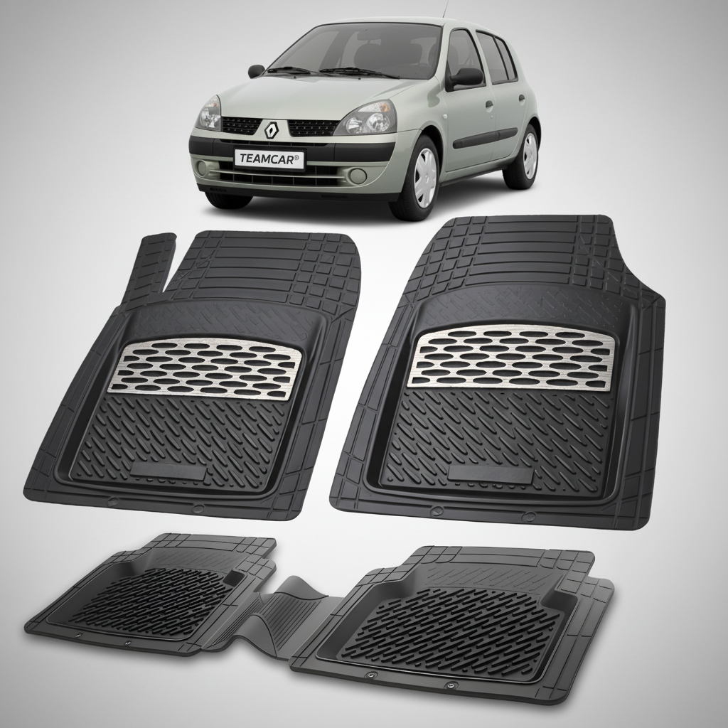Set of black car floor mats with a car in the background