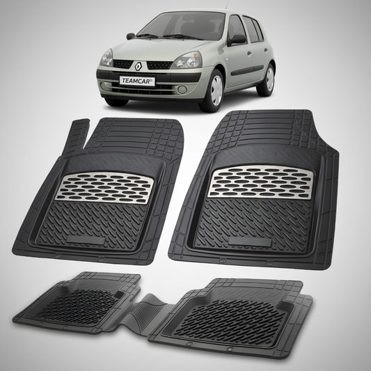 Set of black car floor mats with a car in the background