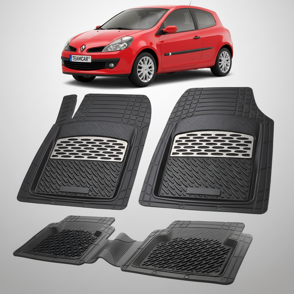 Set of black car floor mats with a red car in the background