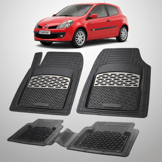Set of black car floor mats with a red car in the background