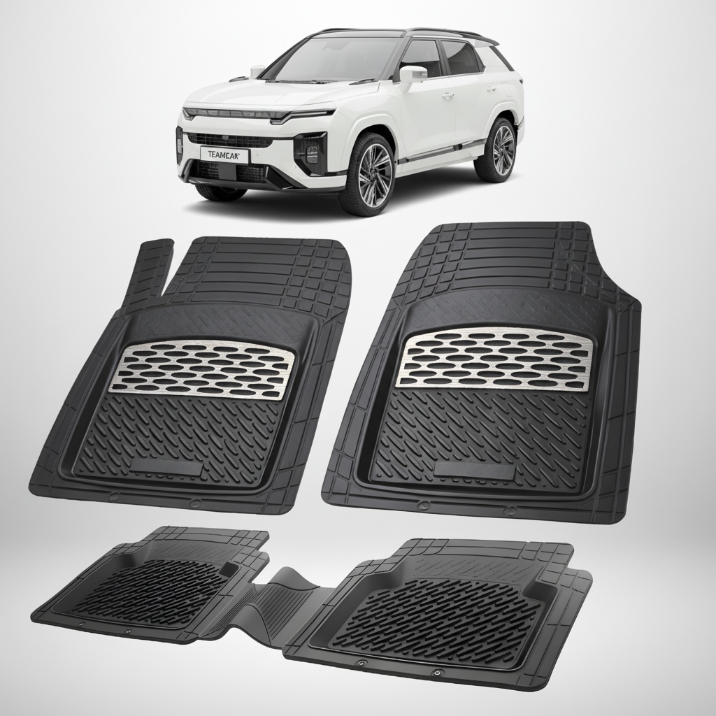 Set of black car floor mats with a white SUV in the background
