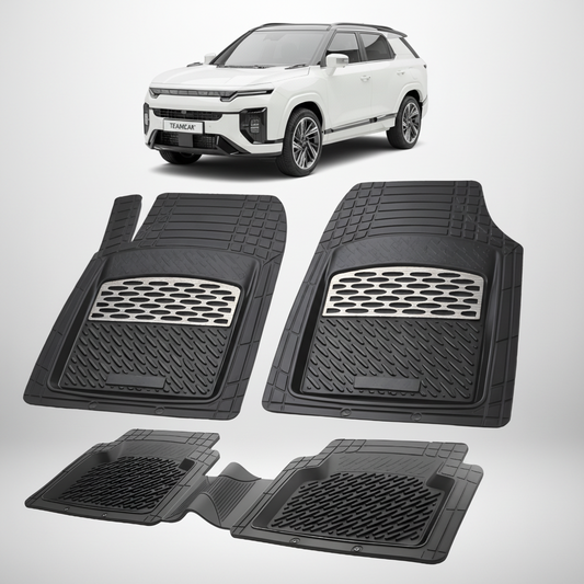Set of black car floor mats with a white SUV in the background