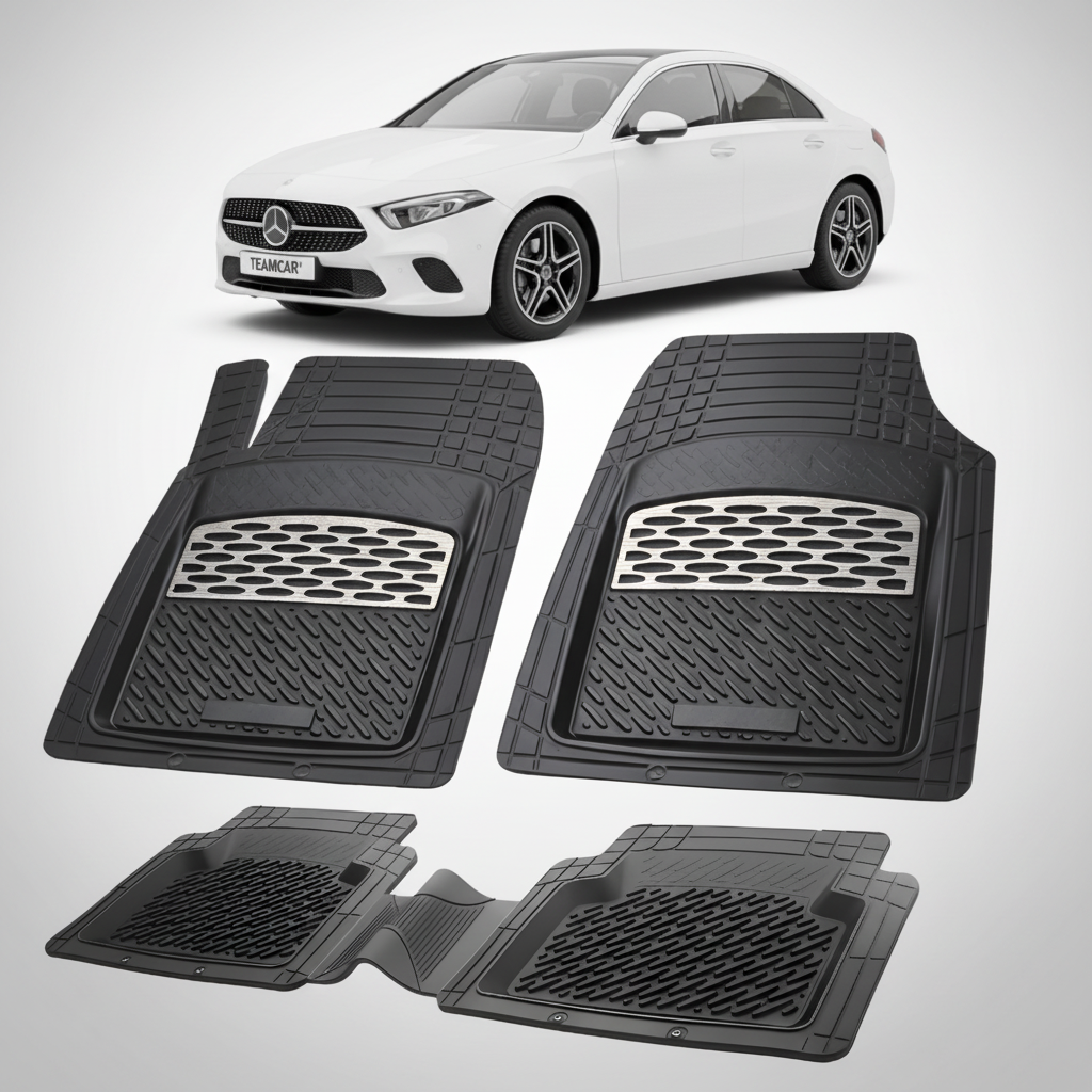 Set of black car floor mats with a white car in the background