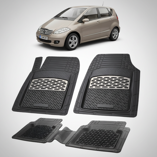 Set of black car floor mats with a car in the background