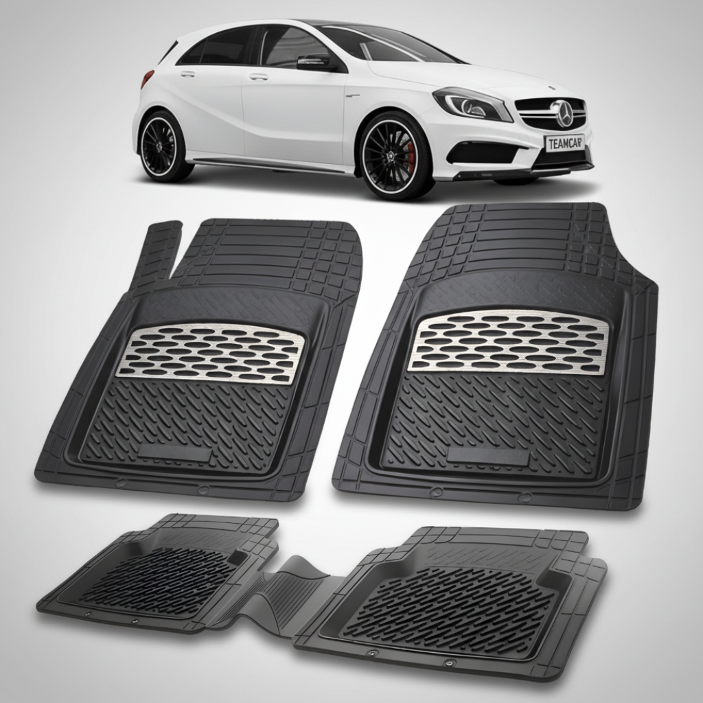 Set of black car floor mats with a white car in the background