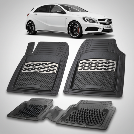 Set of black car floor mats with a white car in the background