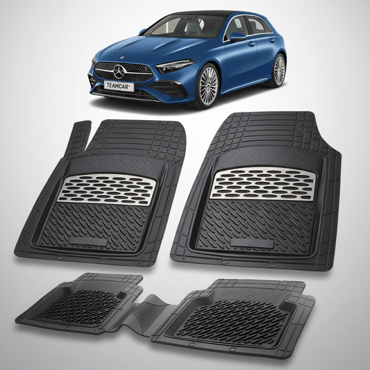 Set of black car floor mats with a blue Mercedes-Benz car in the background.