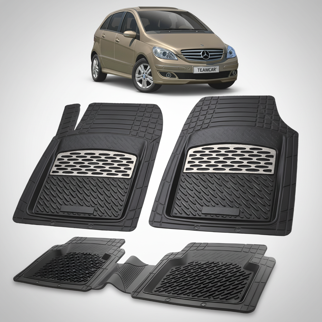 Set of black car floor mats with a Mercedes-Benz car in the background