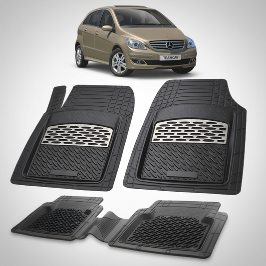 Set of black car floor mats with a Mercedes-Benz car in the background