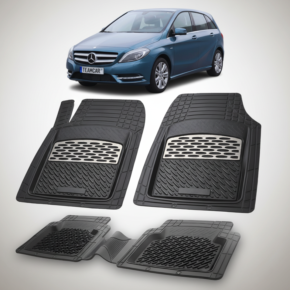 Set of black car floor mats with a Mercedes-Benz car in the background
