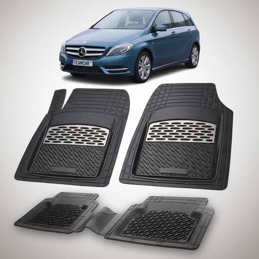 Set of black car floor mats with a Mercedes-Benz car in the background