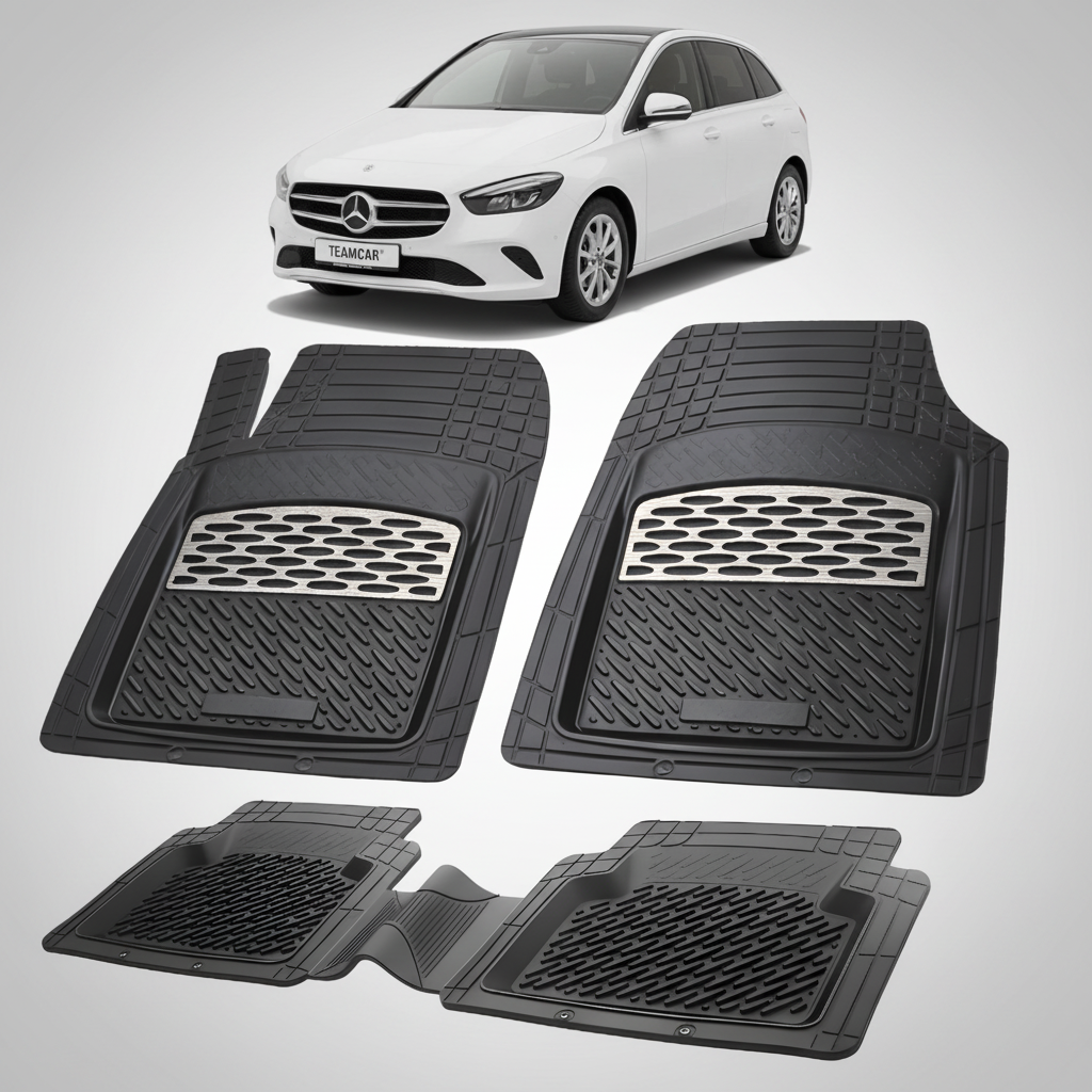 Set of black car floor mats with a Mercedes-Benz car in the background
