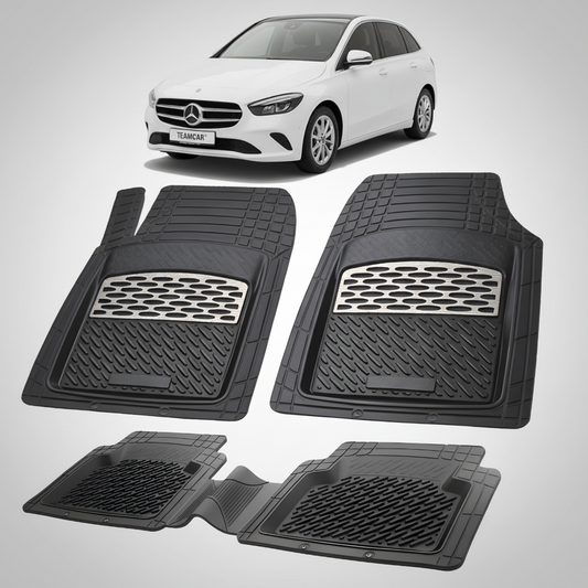 Set of black car floor mats with a Mercedes-Benz car in the background