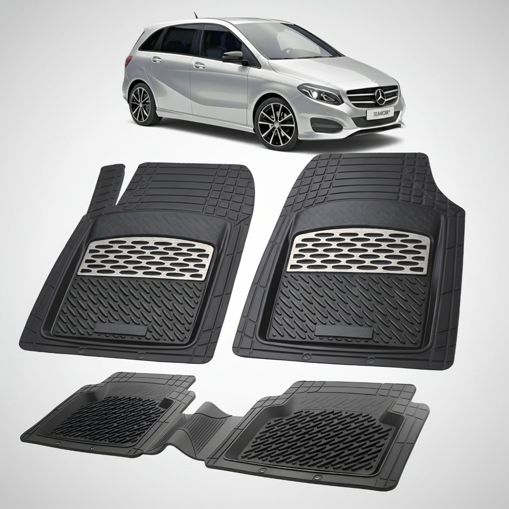 Set of black car floor mats with a Mercedes-Benz car in the background