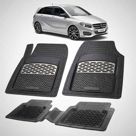 Set of black car floor mats with a Mercedes-Benz car in the background