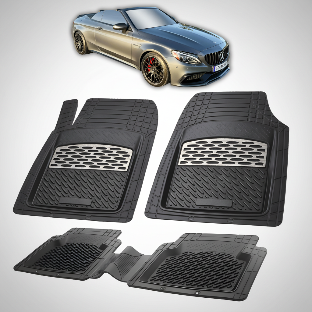 Set of black car floor mats with a car in the background