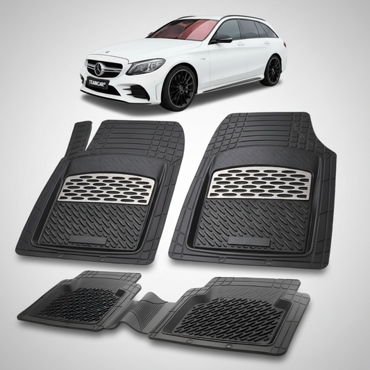 Set of black car floor mats with a Mercedes-Benz car in the background