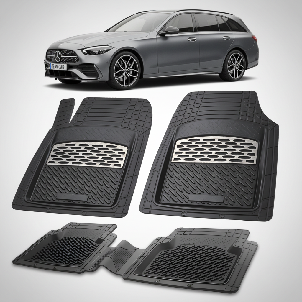 Set of black car floor mats with a Mercedes-Benz car in the background