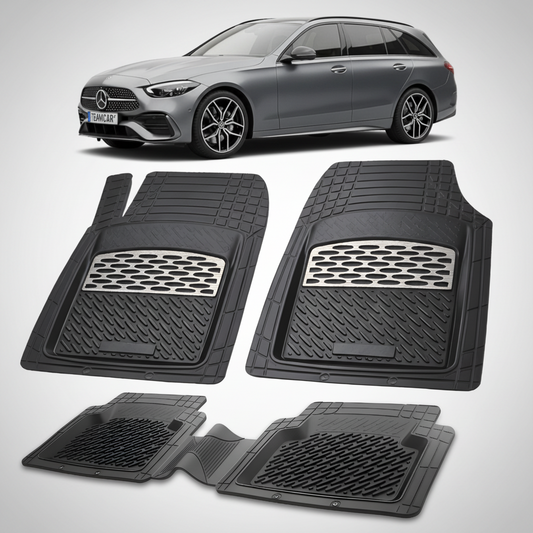 Set of black car floor mats with a Mercedes-Benz car in the background
