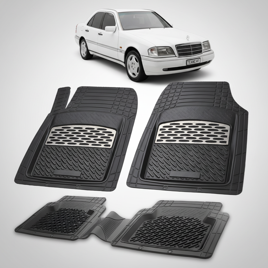 Set of black car floor mats with a white car in the background
