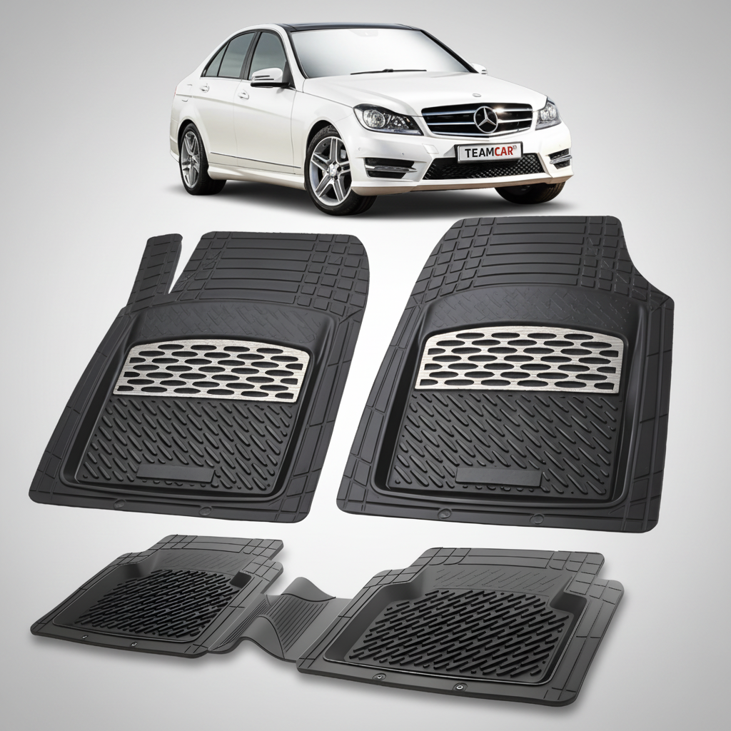 Set of black car floor mats with a white car in the background