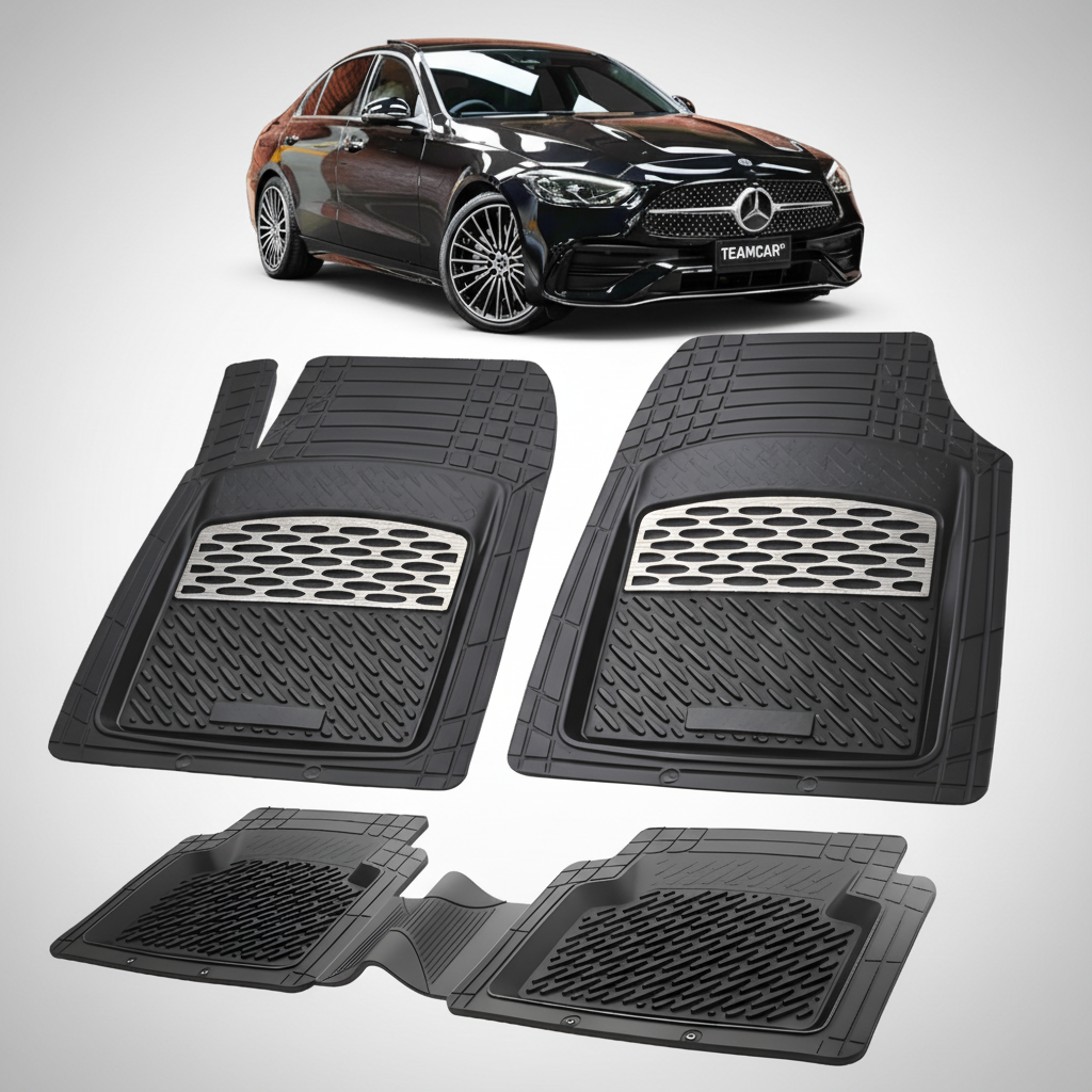Set of black car floor mats with a Mercedes-Benz car in the background