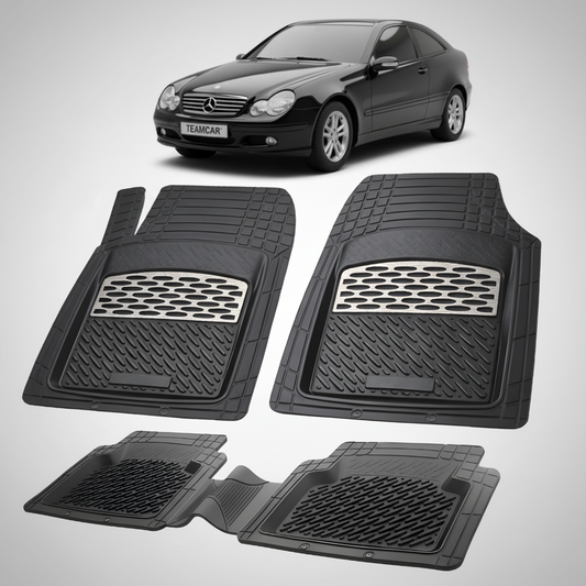 Set of black car floor mats with a Mercedes-Benz car in the background