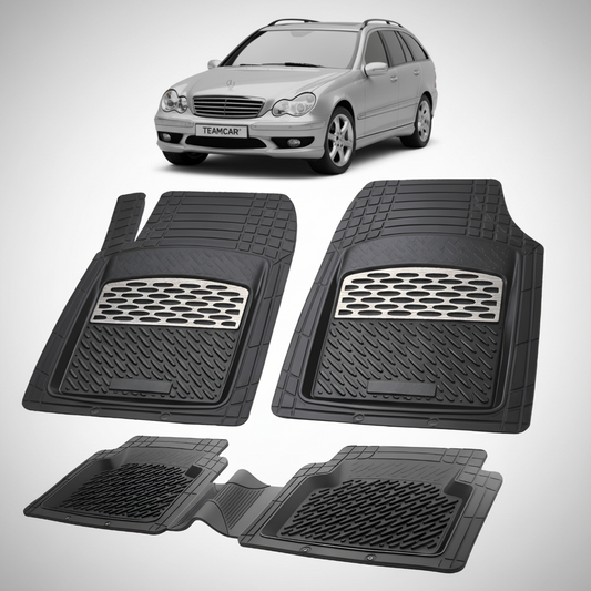 Set of black car floor mats with a car in the background