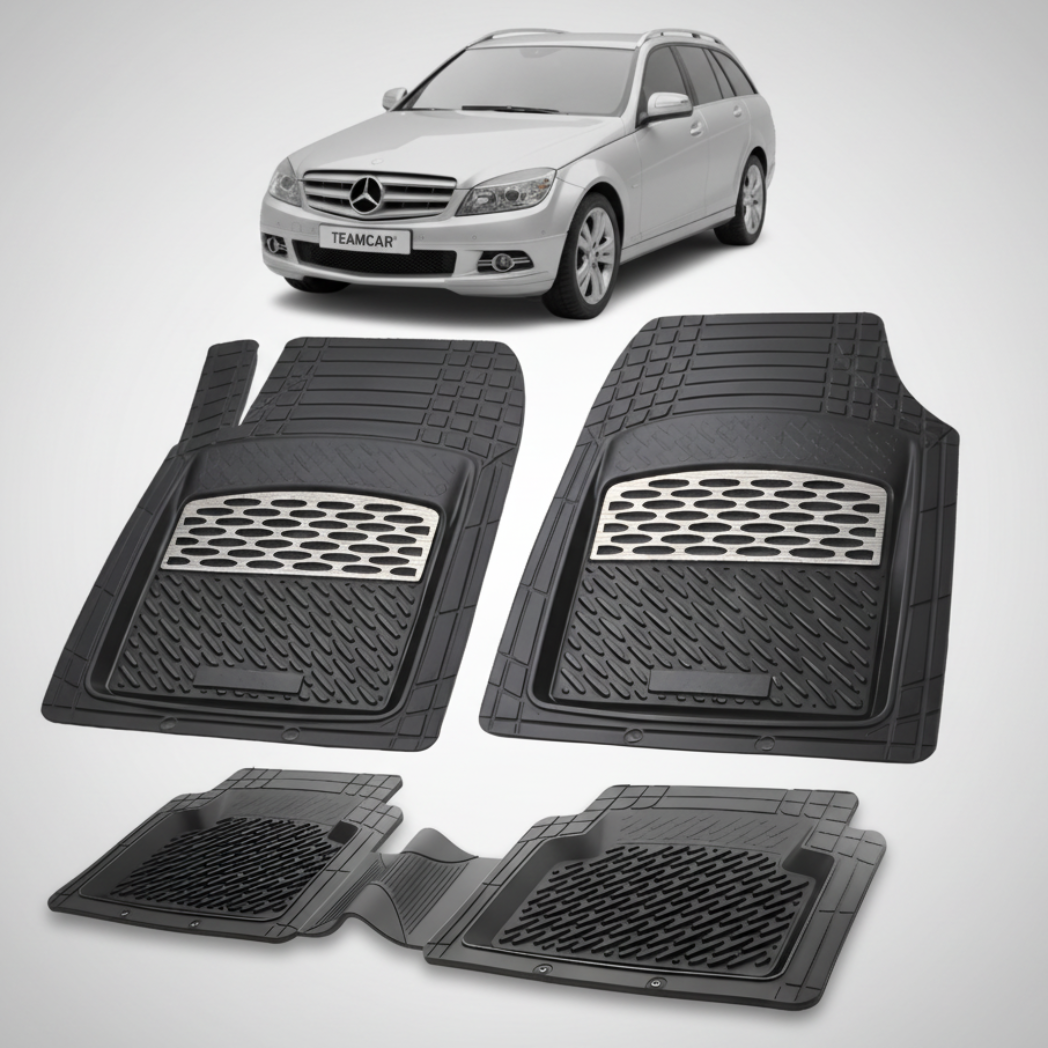 Set of black car floor mats with a Mercedes-Benz car in the background