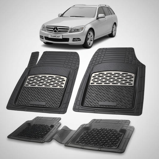 Set of black car floor mats with a Mercedes-Benz car in the background