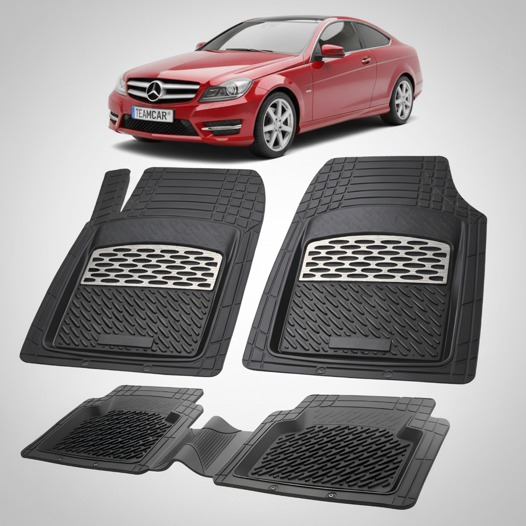 Set of black car floor mats with a red car in the background