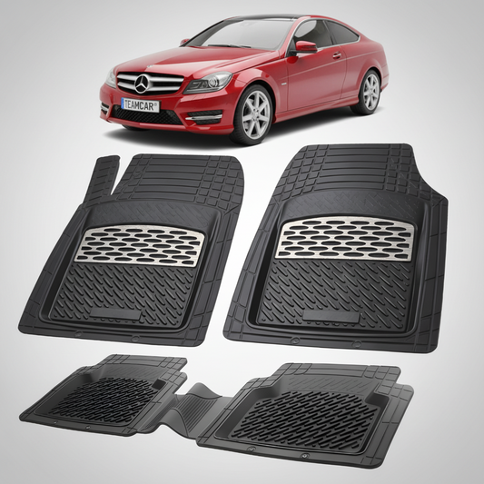 Set of black car floor mats with a red car in the background
