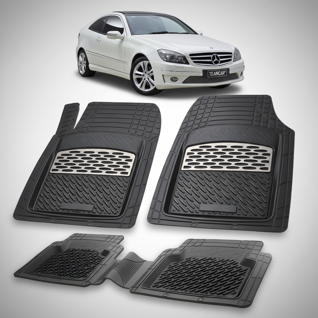 Set of black car floor mats with a Mercedes-Benz car in the background
