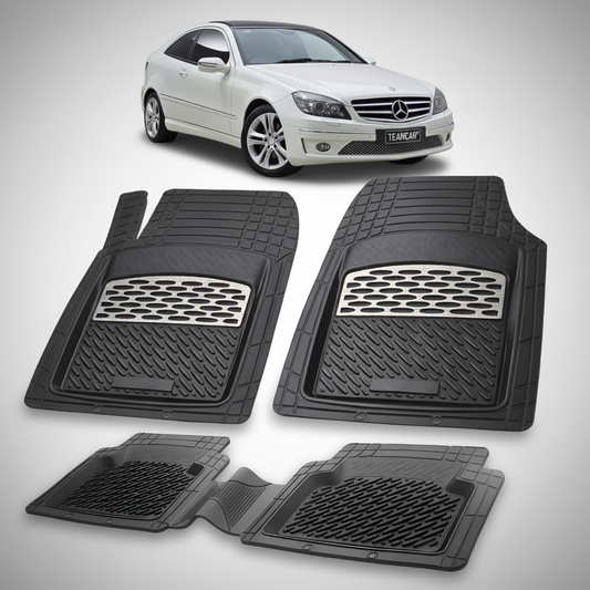 Set of black car floor mats with a Mercedes-Benz car in the background