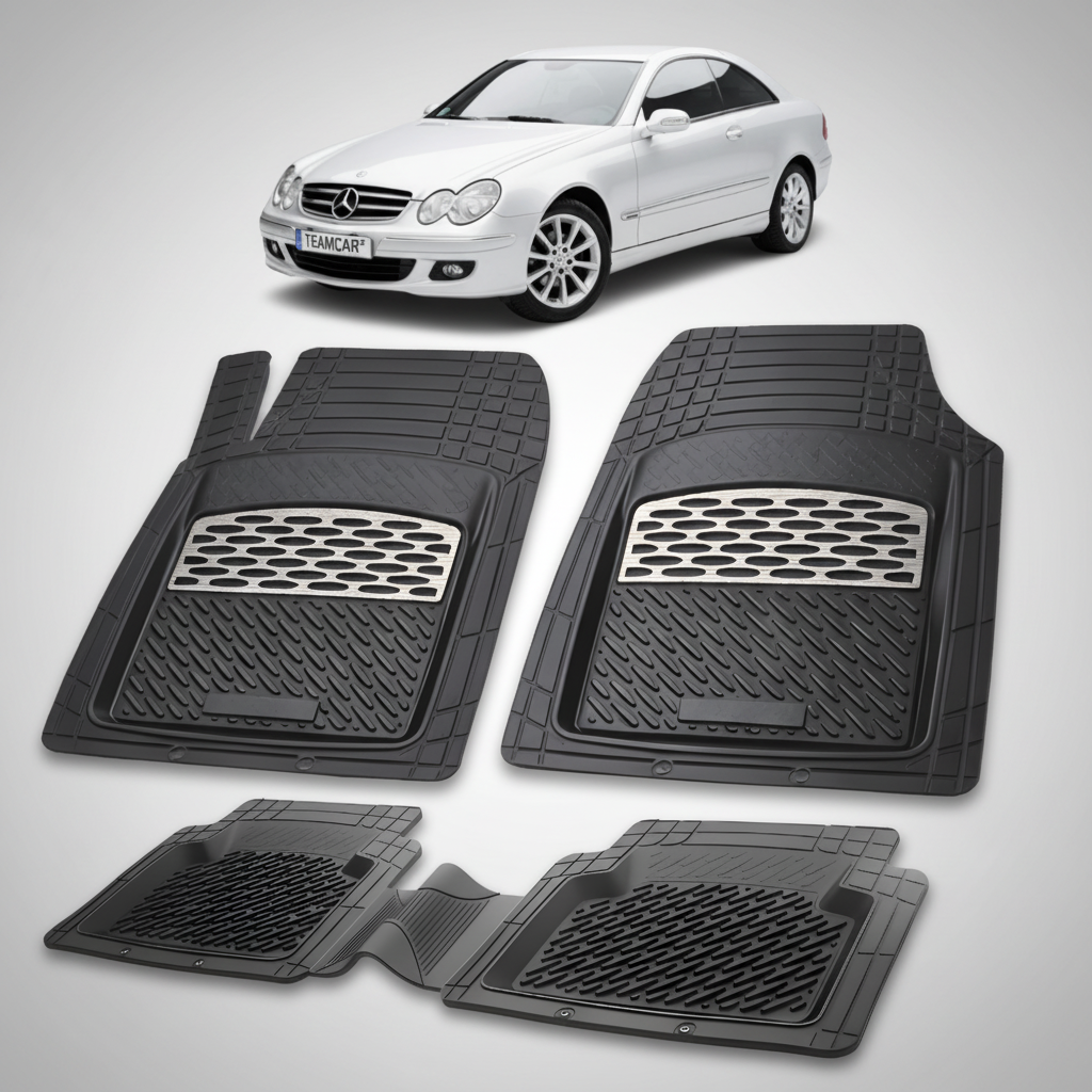 Set of black car floor mats with a Mercedes-Benz car in the background