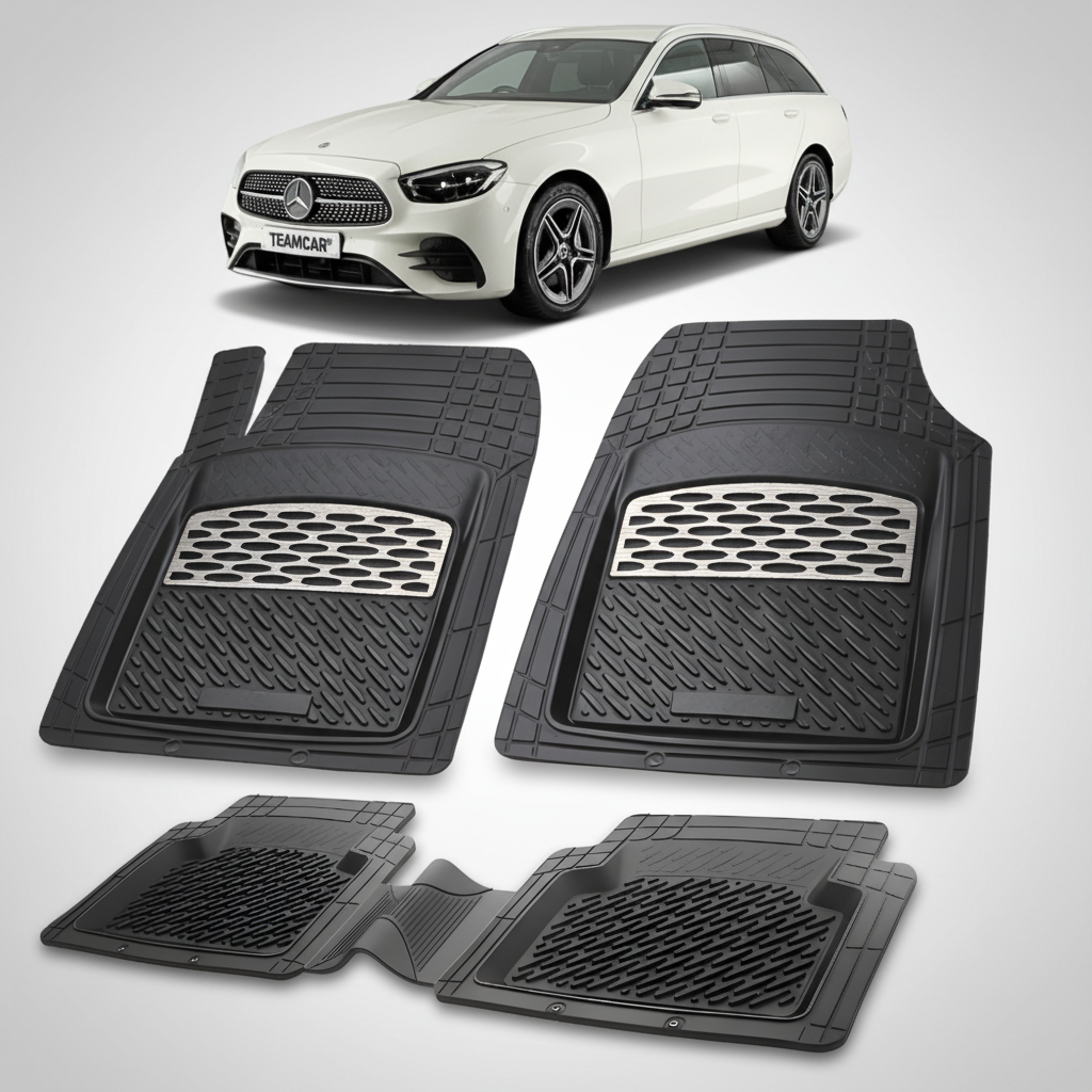 Set of black car floor mats with a Mercedes-Benz car in the background