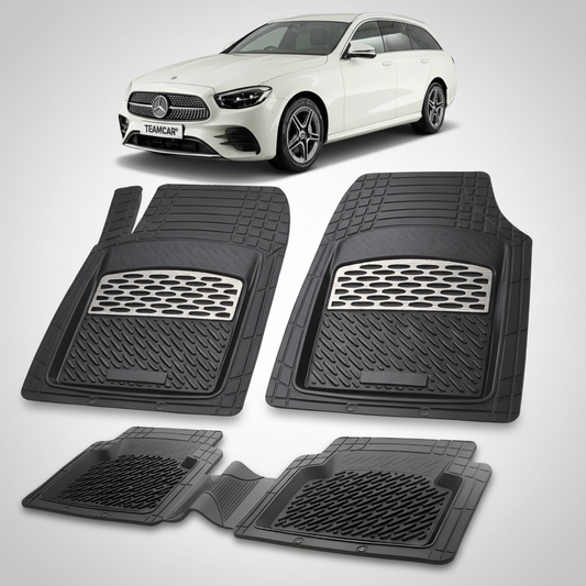 Set of black car floor mats with a Mercedes-Benz car in the background