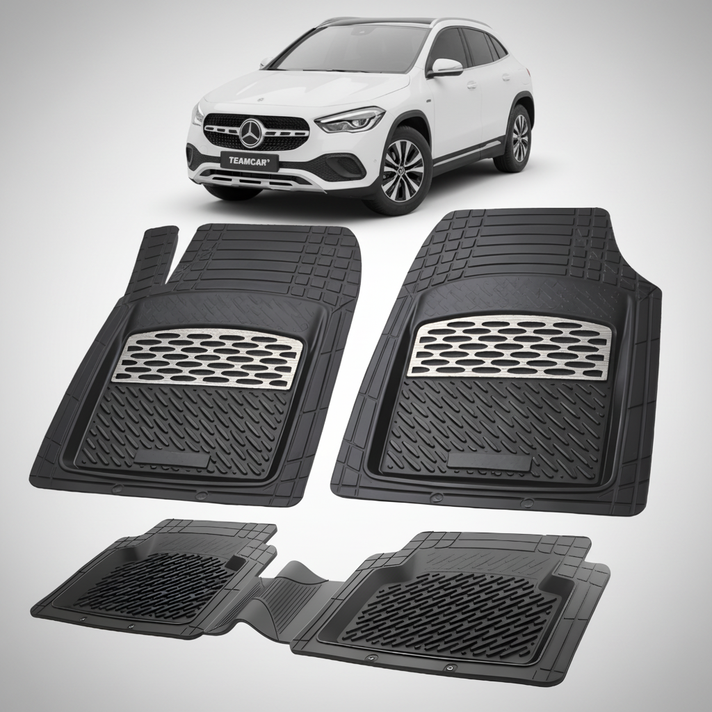 Set of black car floor mats with a Mercedes-Benz car in the background