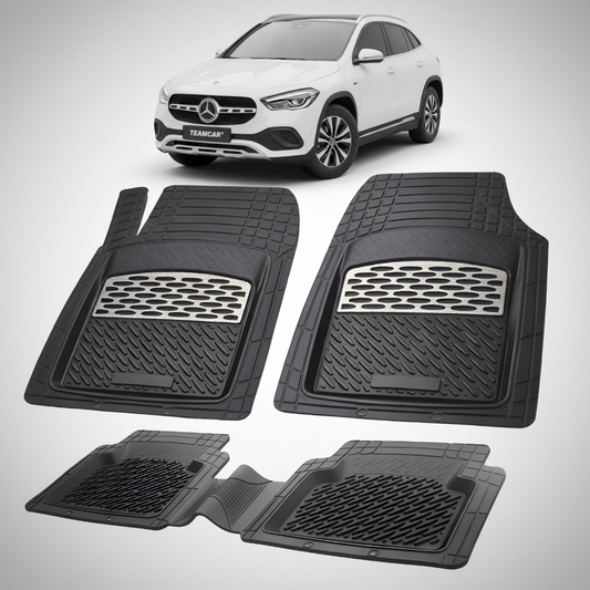 Set of black car floor mats with a Mercedes-Benz car in the background