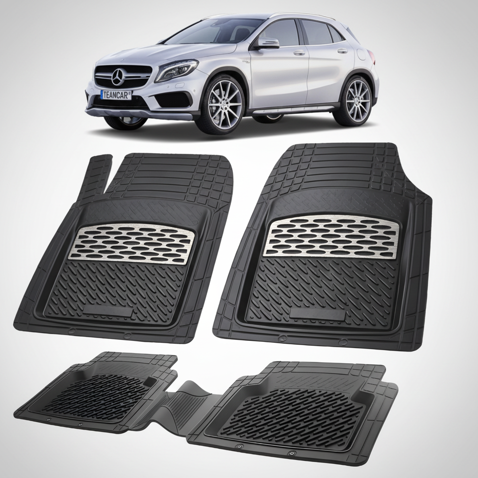 Set of black car floor mats with a Mercedes-Benz car in the background