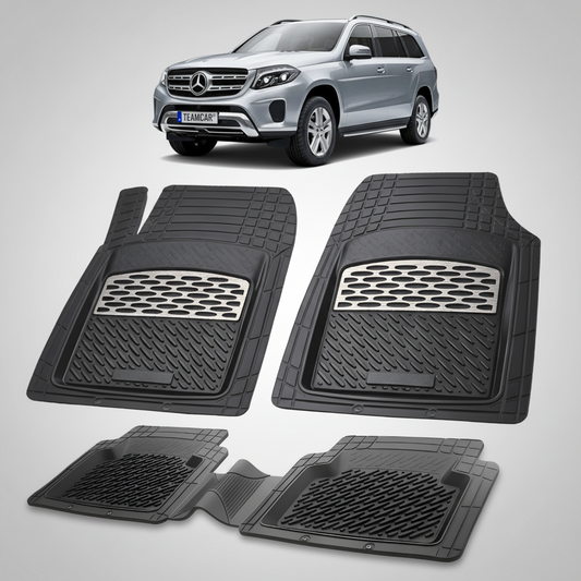 Set of black car floor mats with a Mercedes-Benz car in the background