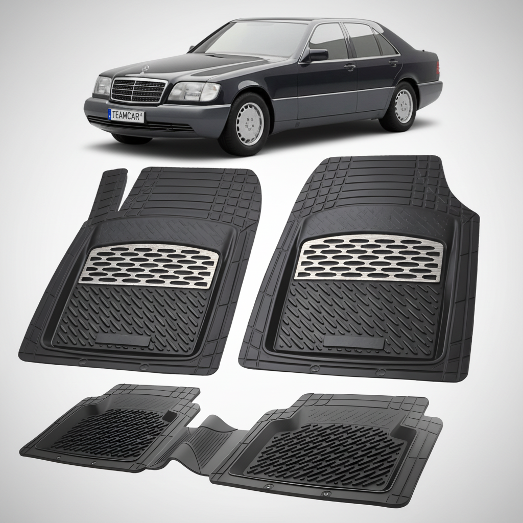 Set of black car floor mats with a Mercedes-Benz car in the background