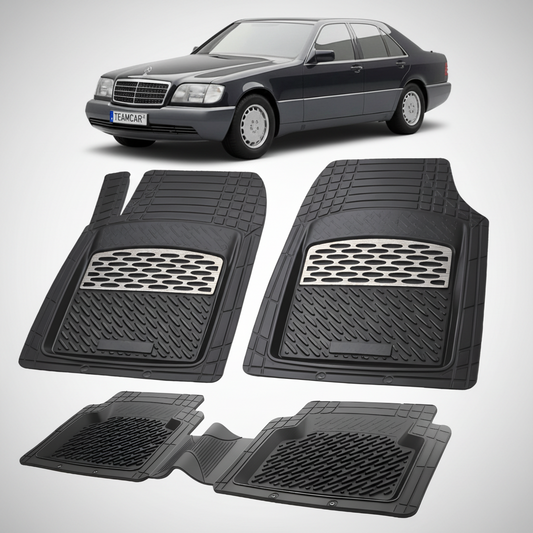 Set of black car floor mats with a Mercedes-Benz car in the background