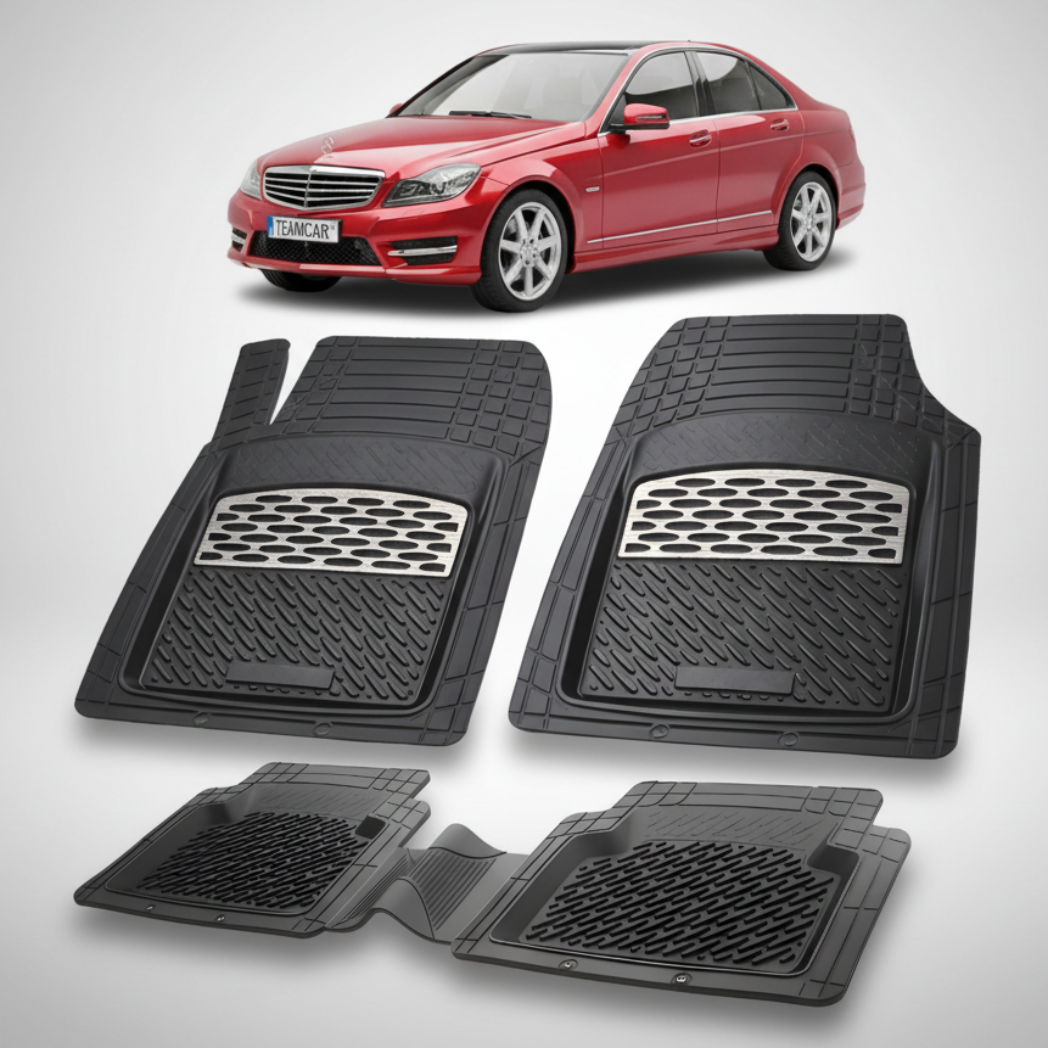 Set of black car floor mats with a red car in the background