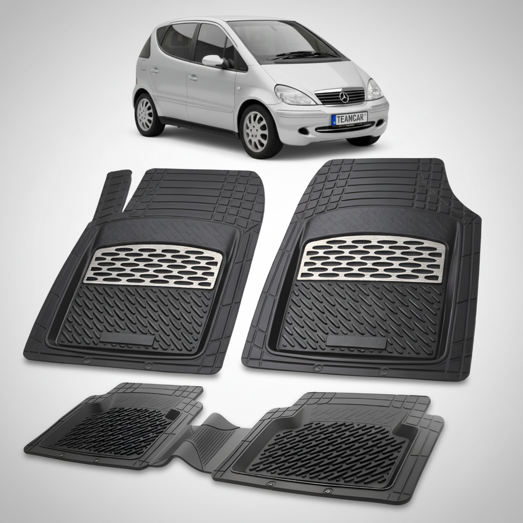 Set of black car floor mats with a car in the background